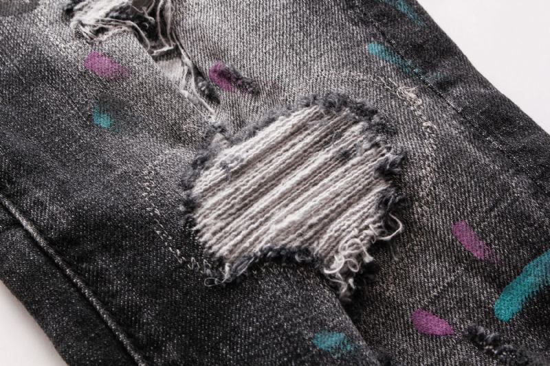 Jeans Med Rippad Patch För Män För Ungdomar Slimbyxor Bikerbyxor Bläckstrålepersonlighet