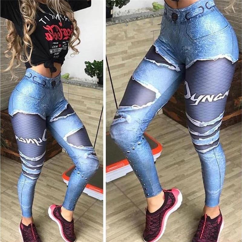 Kvinnor 3d-tryckta Fake Denim Blue Mesh Leggings Elastiska Workout Legging Byxor Mode 2023 Kvinnliga Leggings Plus Size Femme