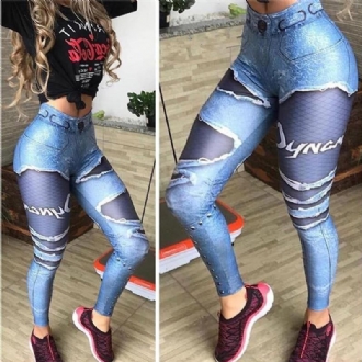 Kvinnor 3d-tryckta Fake Denim Blue Mesh Leggings Elastiska Workout Legging Byxor Mode 2023 Kvinnliga Leggings Plus Size Femme