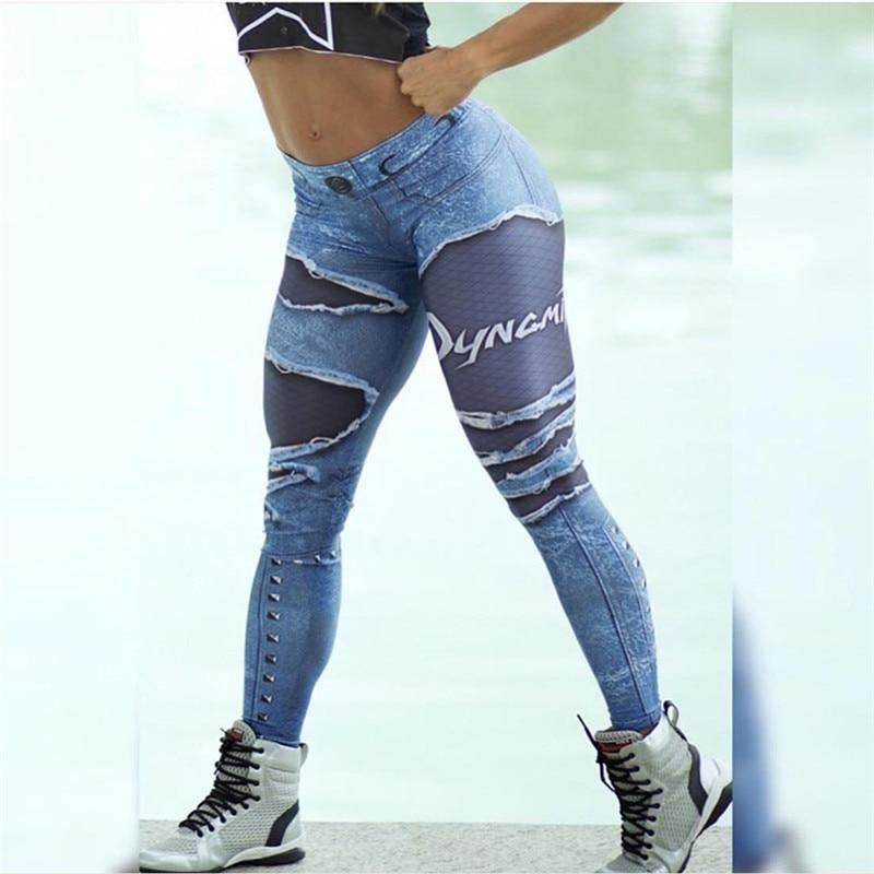 Kvinnor 3d-tryckta Fake Denim Blue Mesh Leggings Elastiska Workout Legging Byxor Mode 2023 Kvinnliga Leggings Plus Size Femme