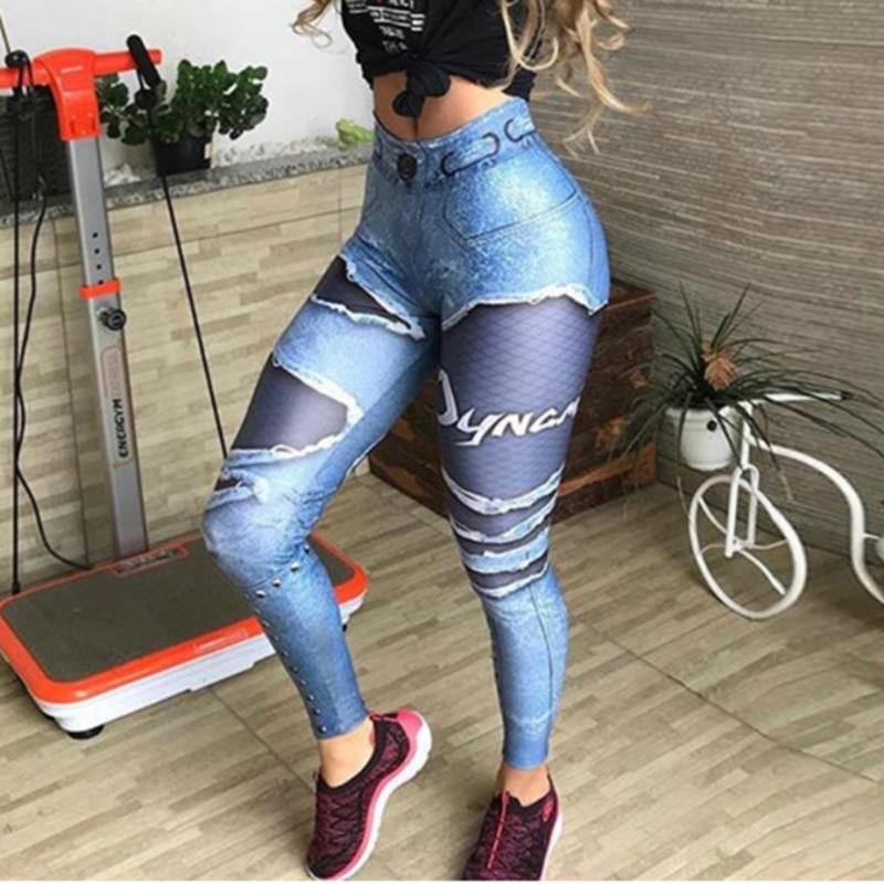 Kvinnor 3d-tryckta Fake Denim Blue Mesh Leggings Elastiska Workout Legging Byxor Mode 2023 Kvinnliga Leggings Plus Size Femme