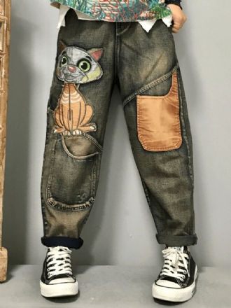 Kvinnor Katt Broderi Patchwork Mid Waist Lös Denim Harem Jeans