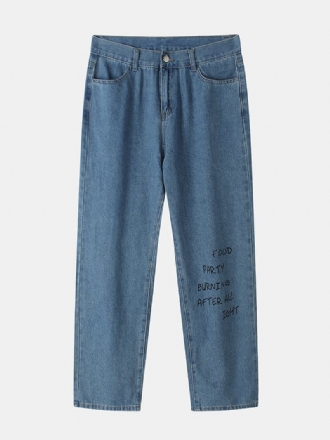 Män Letter Pattern Pocket Loose Mid Waist Jeans