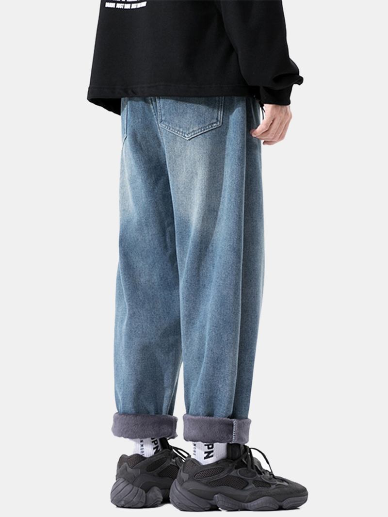 Män Thicken Plus Velvet Distressed Casual Loose Warma Jeans