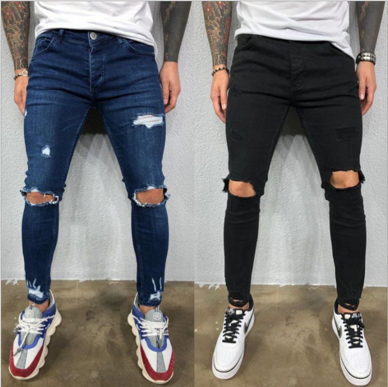 Mäns Slitna Elastiska Fötter Rivna Nya Heta Stil Trendiga Jeans