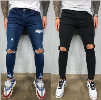 Mäns Slitna Elastiska Fötter Rivna Nya Heta Stil Trendiga Jeans