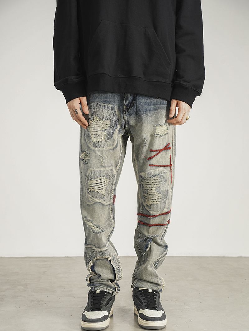 Patched Red Line Jeans Med Raka Ben