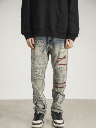 Patched Red Line Jeans Med Raka Ben