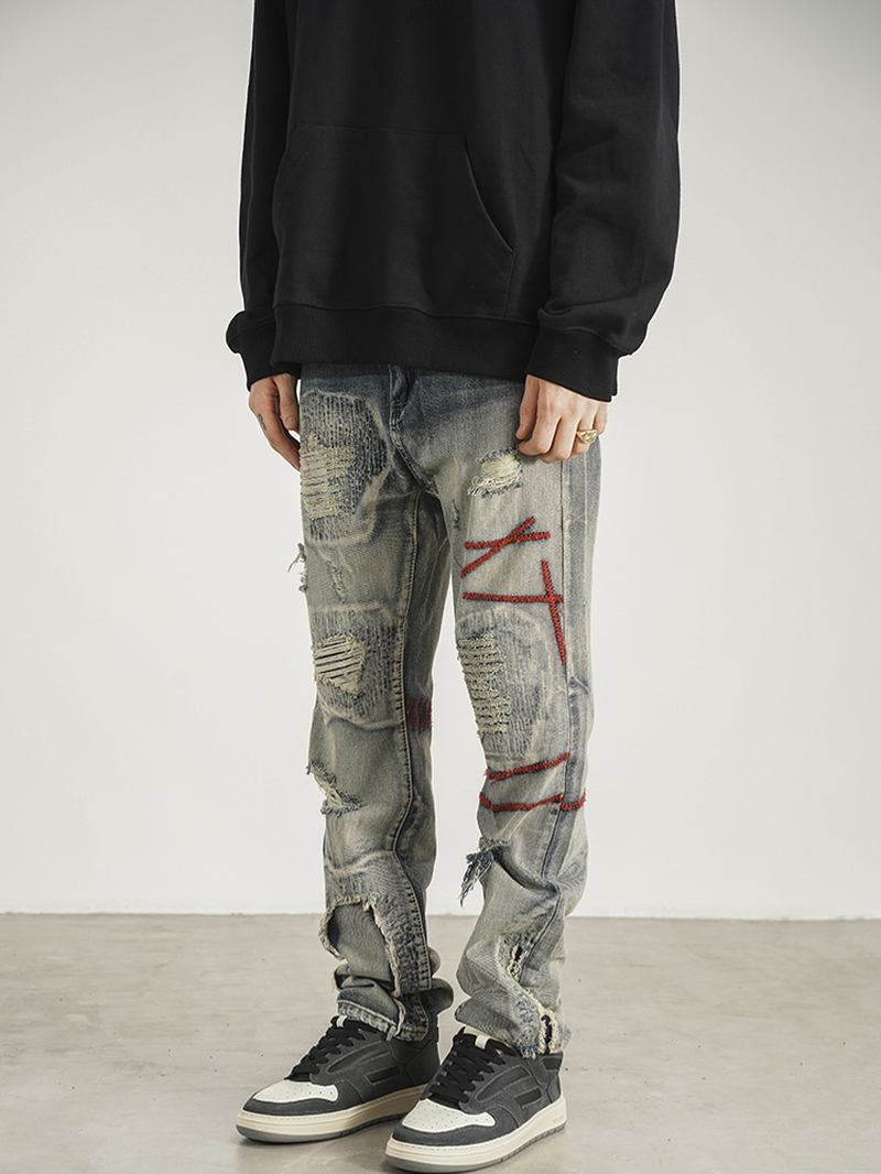 Patched Red Line Jeans Med Raka Ben