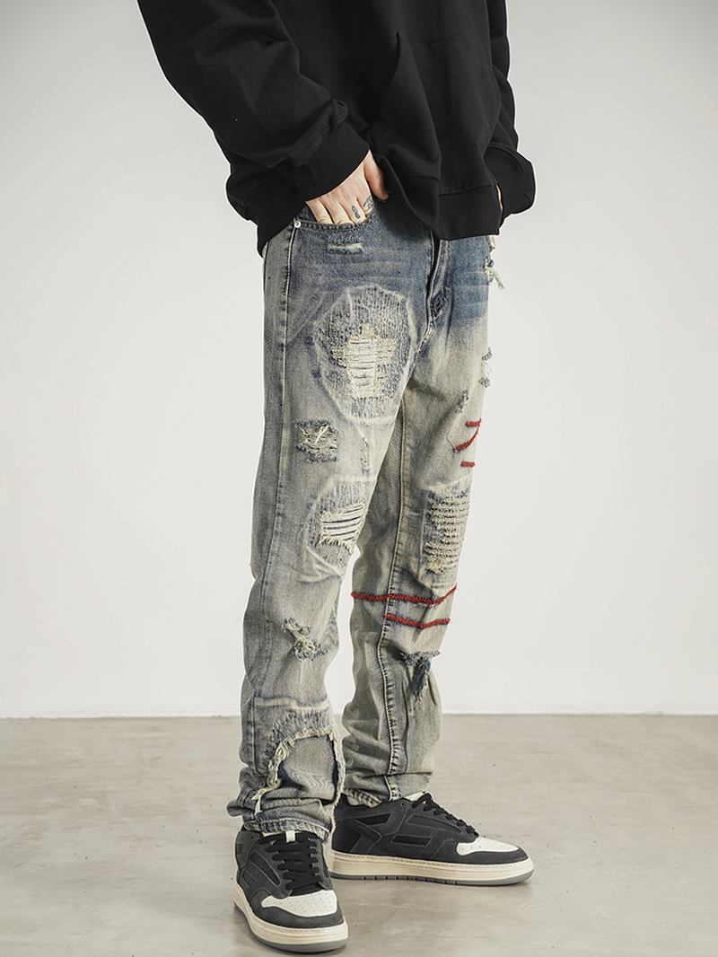 Patched Red Line Jeans Med Raka Ben