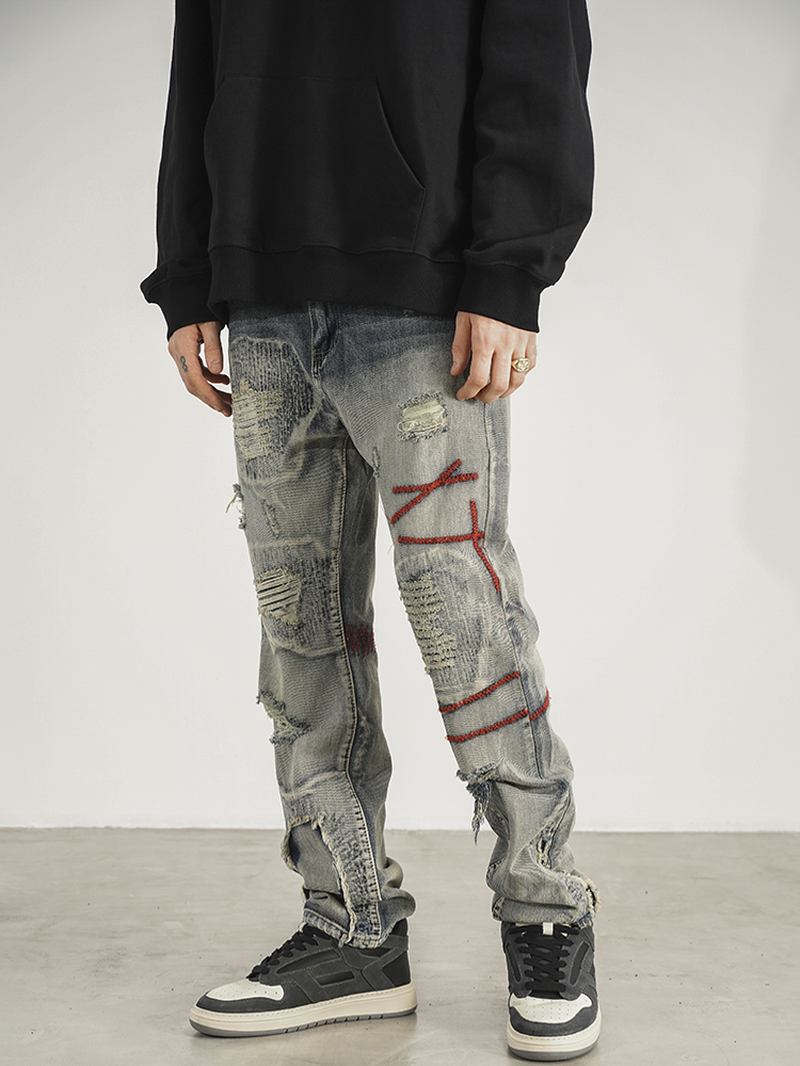 Patched Red Line Jeans Med Raka Ben