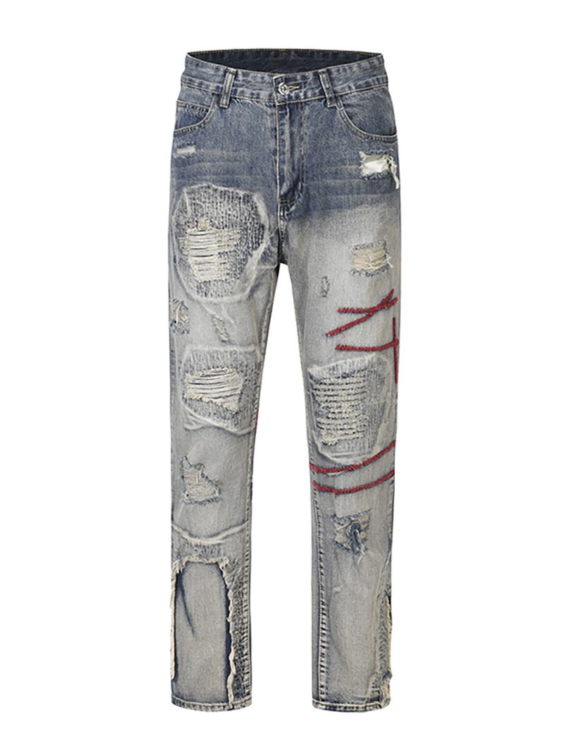 Patched Red Line Jeans Med Raka Ben