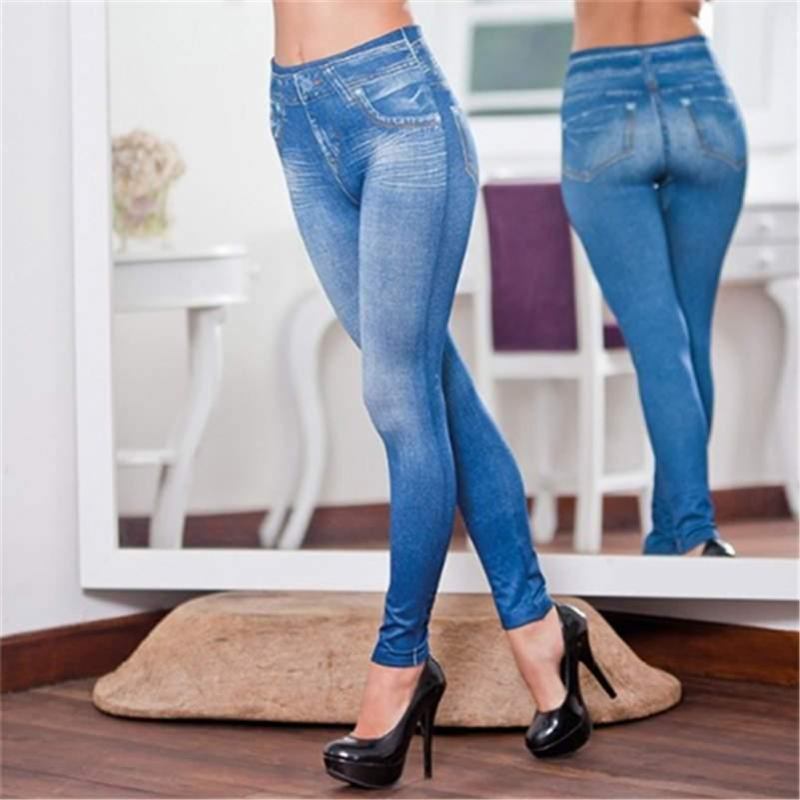 Perfect Fit Jeans Leggings Explosionsmodeller Imitation Denim Damleggings 9 Poängs Byxor Dra Hårtryck Imiterad Denim