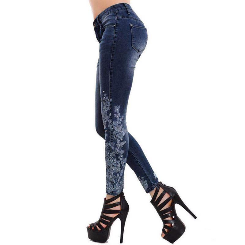 Plus Size 5xl Dam Stretch Hög Midja Skinny Broderi Jeans Rippade Kvinna Blommiga Denim Byxor Byxor Dam Jeans Pencil Byxor