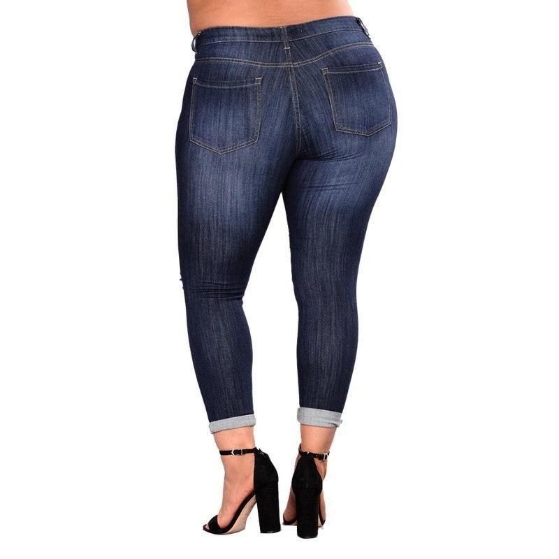 Plus Size Jeans Med Hög Elastisk Hål Dam True Denim Skinny Distressed Jeans För Kvinnor Jeans Pencil Byxor