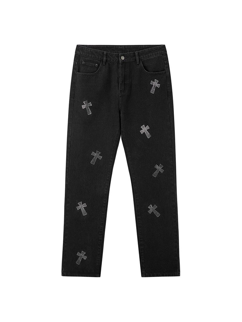 Retro Cross Hot Rhinestone Black Jeans