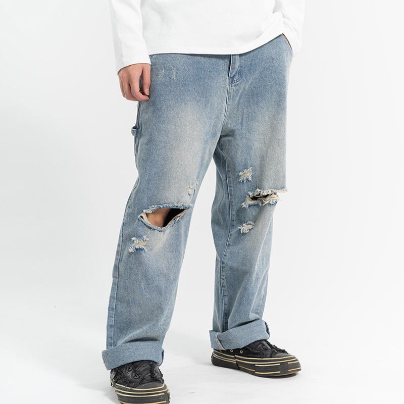 Rippade Casual All-match Jeans Herr Rak Tvättvatten Lös Mopping Daddy Byxor