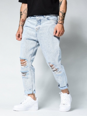 Rippade Smala Jeans För Män Pencil Jeans Skräddarsydd Passform Modeabla För Gatukörning Lokomotiv Festkläder Denim