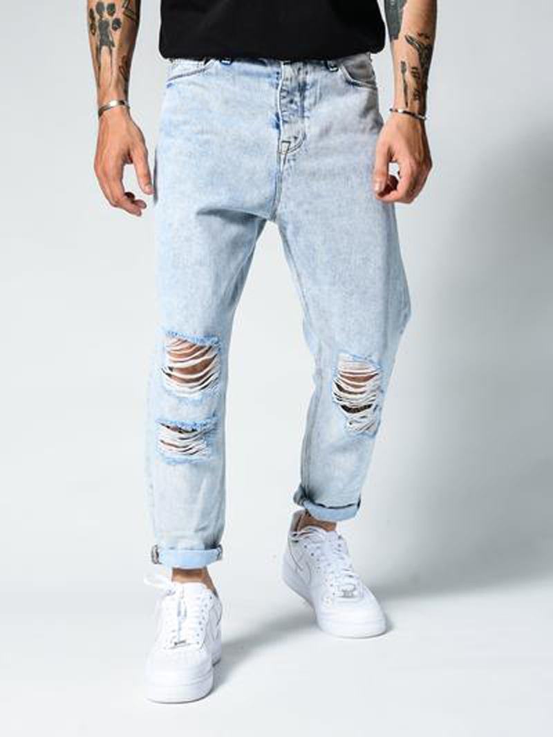 Rippade Smala Jeans För Män Pencil Jeans Skräddarsydd Passform Modeabla För Gatukörning Lokomotiv Festkläder Denim