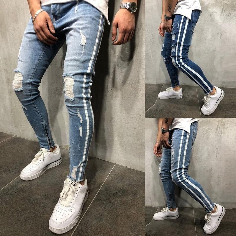 Ripped Side Randiga Jeans Mode Streetwear Herr Skinny Stretch Jeans Byxor Slim Casual Denim Jeans Jeans Hombre