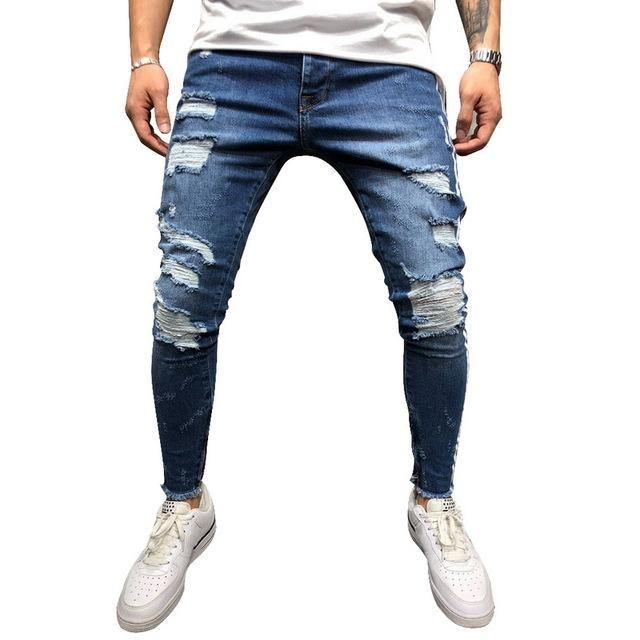 Ripped Side Randiga Jeans Mode Streetwear Herr Skinny Stretch Jeans Byxor Slim Casual Denim Jeans Jeans Hombre