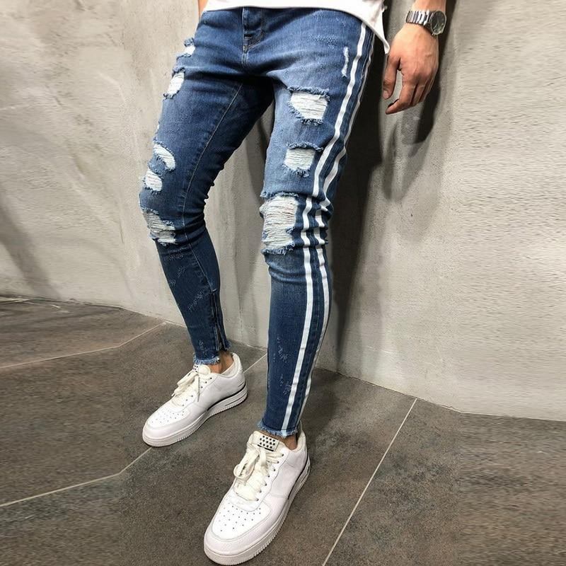 Ripped Side Randiga Jeans Mode Streetwear Herr Skinny Stretch Jeans Byxor Slim Casual Denim Jeans Jeans Hombre