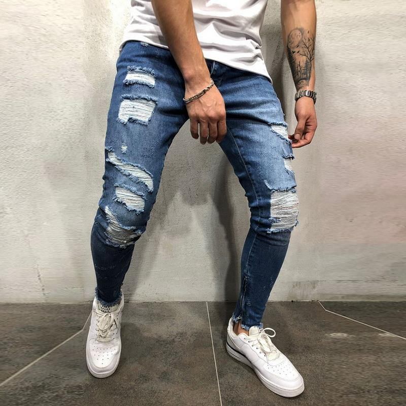 Ripped Side Randiga Jeans Mode Streetwear Herr Skinny Stretch Jeans Byxor Slim Casual Denim Jeans Jeans Hombre