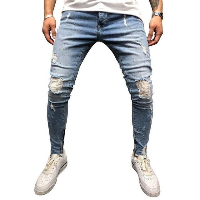 Ripped Side Randiga Jeans Mode Streetwear Herr Skinny Stretch Jeans Byxor Slim Casual Denim Jeans Jeans Hombre