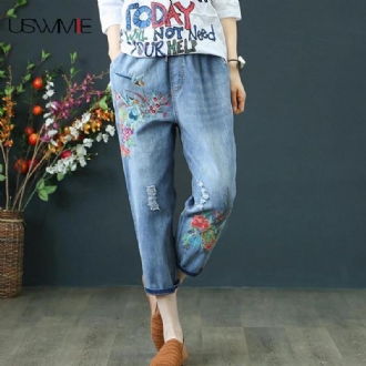 Sommar Dam Jeans Denim Retro Broderi Dragsko Hål Lösa Komfort Casual Cowboy Kvinna Seven Plus Size Dambyxor