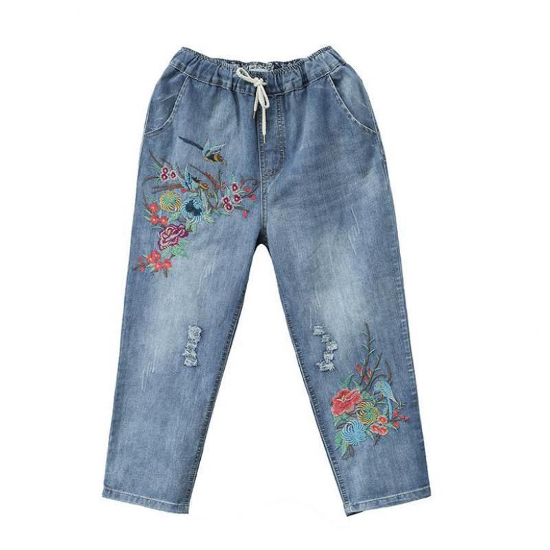 Sommar Dam Jeans Denim Retro Broderi Dragsko Hål Lösa Komfort Casual Cowboy Kvinna Seven Plus Size Dambyxor