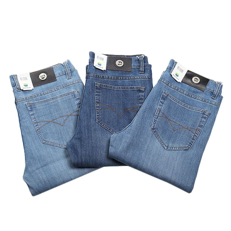 Sommar Tunna Raka Ben Elastiska Långa Denim Byxor Jeans För