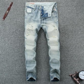 Sommarstil Ljusblå Färg Mode Herr Jeans Hög Kvalitet Slim Fit Ripped Jeans För Herr Knappar Byxor Märke Biker Jeans Herr