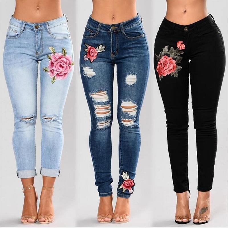 Stretchbroderade Jeans För Kvinnor Elastiska Blomjeans Kvinnliga Smala Jeansbyxor Hål Slitna Rosmönster Jeans Pantalon Femme