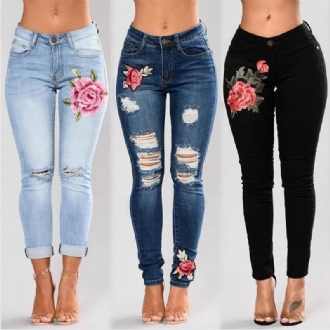 Stretchbroderade Jeans För Kvinnor Elastiska Blomjeans Kvinnliga Smala Jeansbyxor Hål Slitna Rosmönster Jeans Pantalon Femme