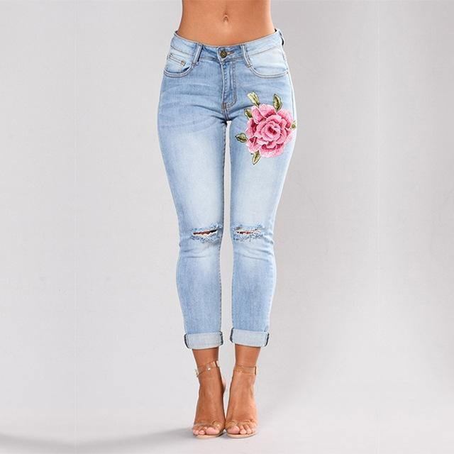 Stretchbroderade Jeans För Kvinnor Elastiska Blomjeans Kvinnliga Smala Jeansbyxor Hål Slitna Rosmönster Jeans Pantalon Femme