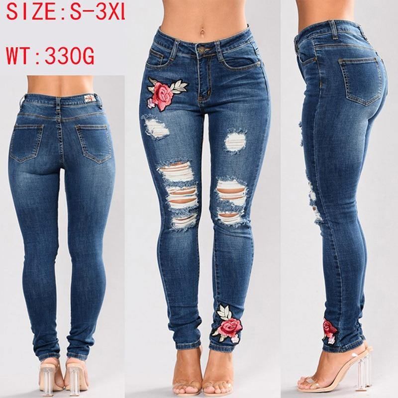 Stretchbroderade Jeans För Kvinnor Elastiska Blomjeans Kvinnliga Smala Jeansbyxor Hål Slitna Rosmönster Jeans Pantalon Femme