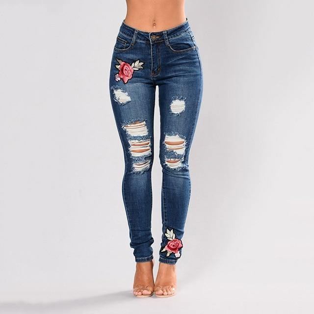 Stretchbroderade Jeans För Kvinnor Elastiska Blomjeans Kvinnliga Smala Jeansbyxor Hål Slitna Rosmönster Jeans Pantalon Femme