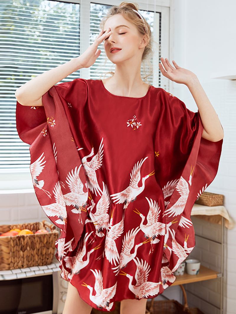 Lösärmad Crane Med Tryck Silk Robes Nattlinne