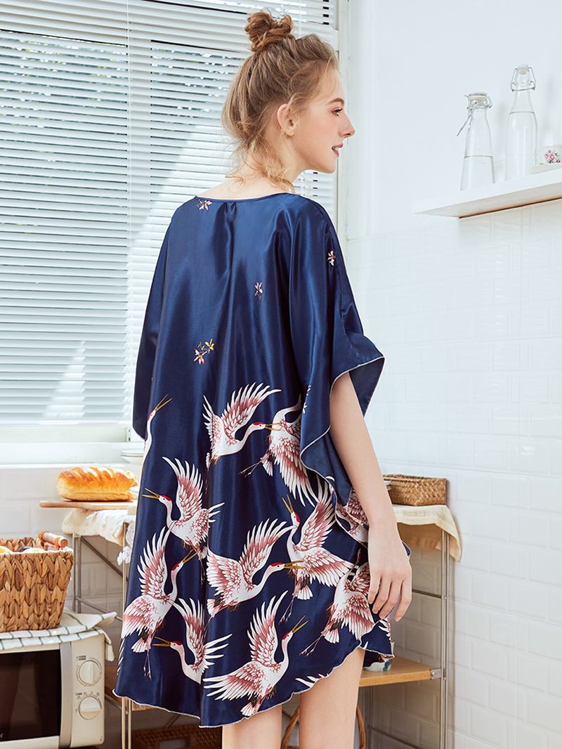 Lösärmad Crane Med Tryck Silk Robes Nattlinne