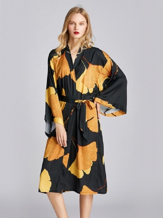 Long Sleeve Flora Med Tryck Kimono Robe Midi Silky Nightgown