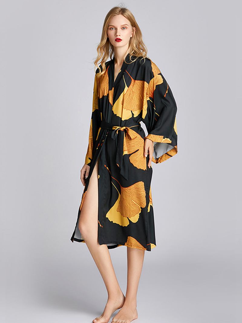 Long Sleeve Flora Med Tryck Kimono Robe Midi Silky Nightgown