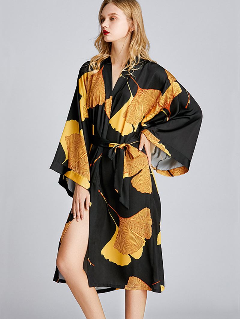 Long Sleeve Flora Med Tryck Kimono Robe Midi Silky Nightgown