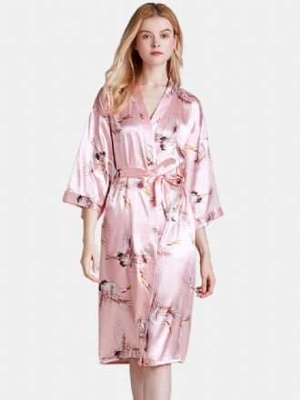 Plus Size Crane Med Tryck Half Sleeve Longline Kimono Robe Sovkläder