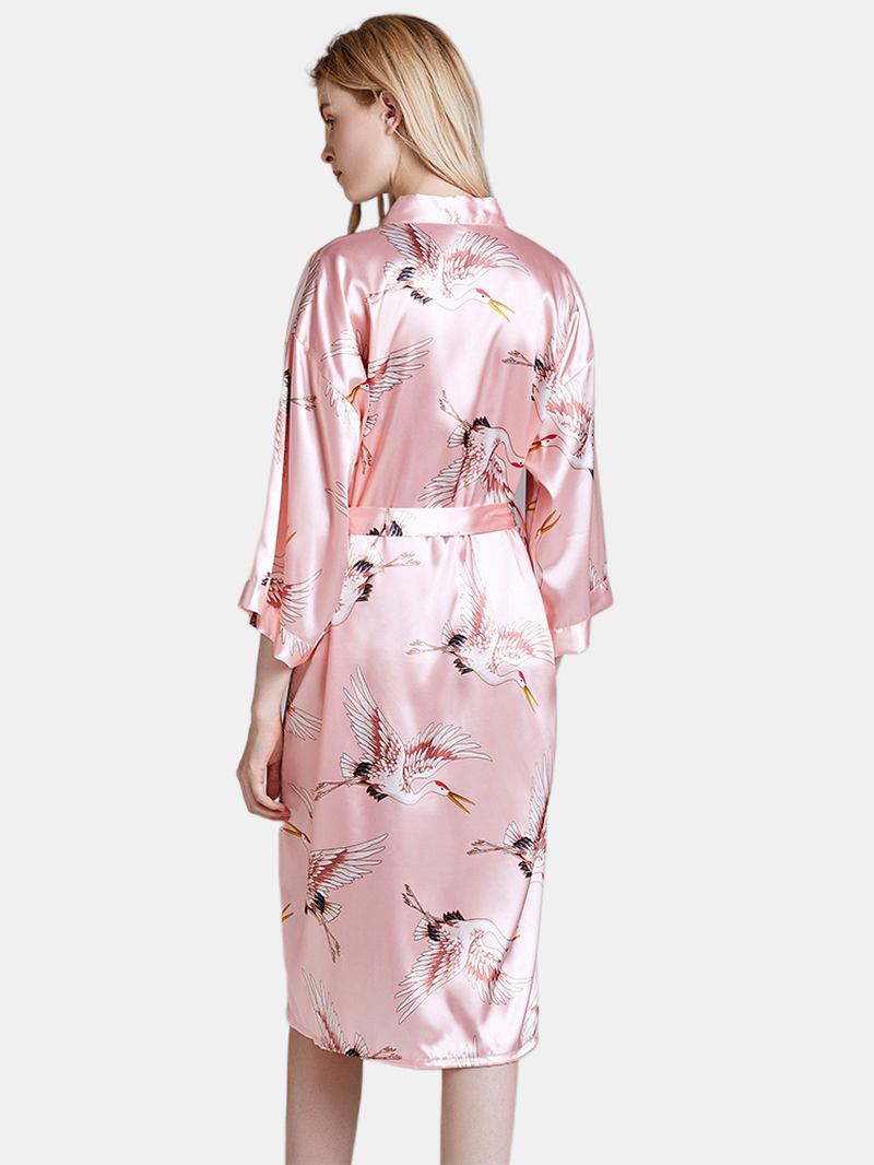 Plus Size Crane Med Tryck Half Sleeve Longline Kimono Robe Sovkläder