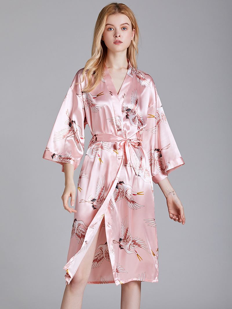 Plus Size Crane Med Tryck Half Sleeve Longline Kimono Robe Sovkläder