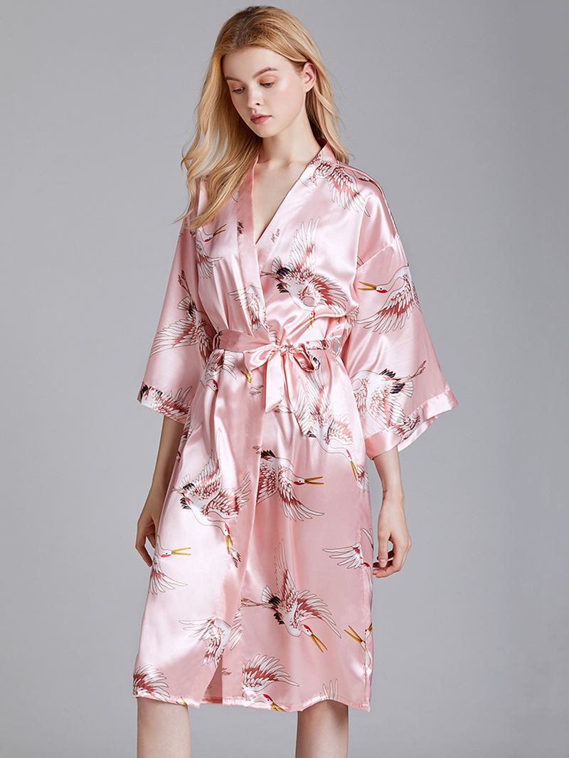 Plus Size Crane Med Tryck Half Sleeve Longline Kimono Robe Sovkläder