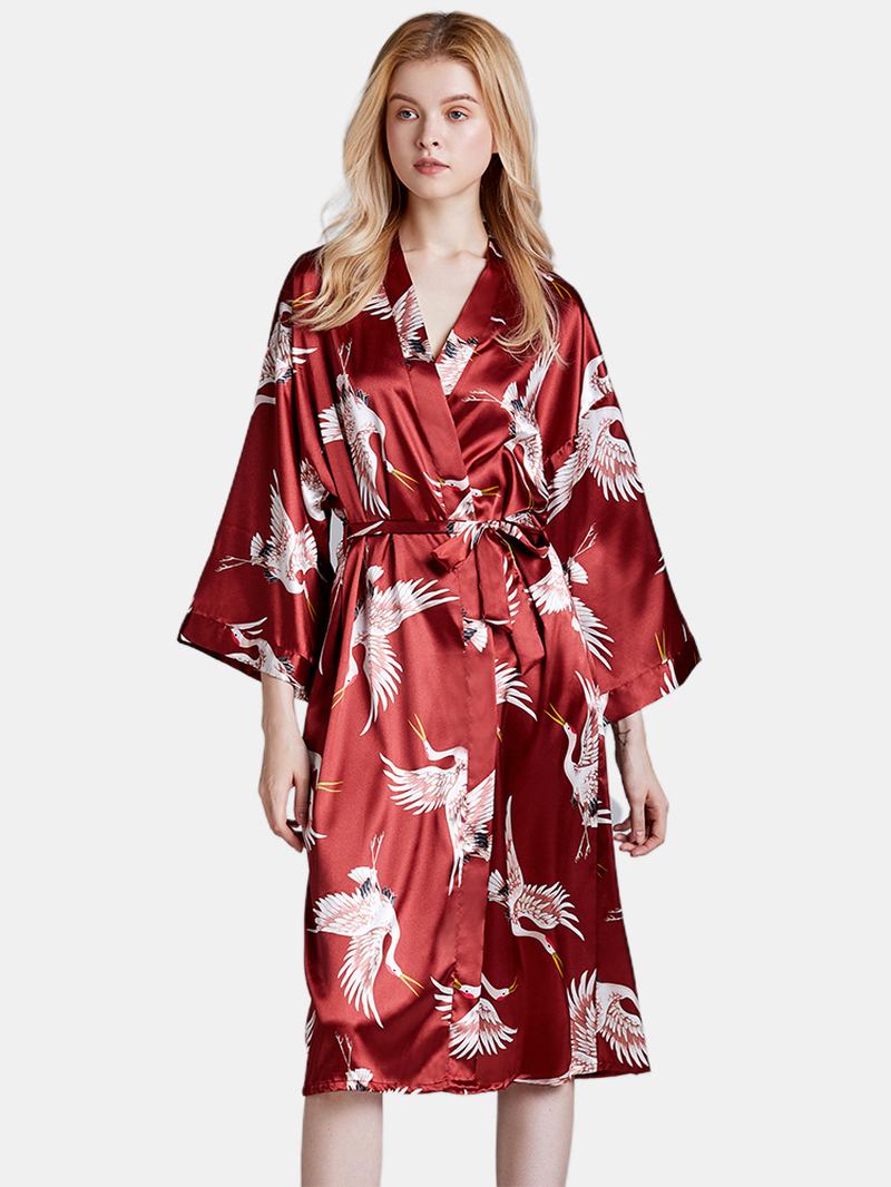 Plus Size Crane Med Tryck Half Sleeve Longline Kimono Robe Sovkläder