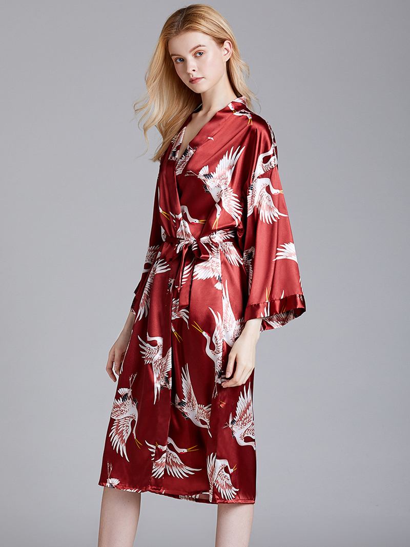 Plus Size Crane Med Tryck Half Sleeve Longline Kimono Robe Sovkläder