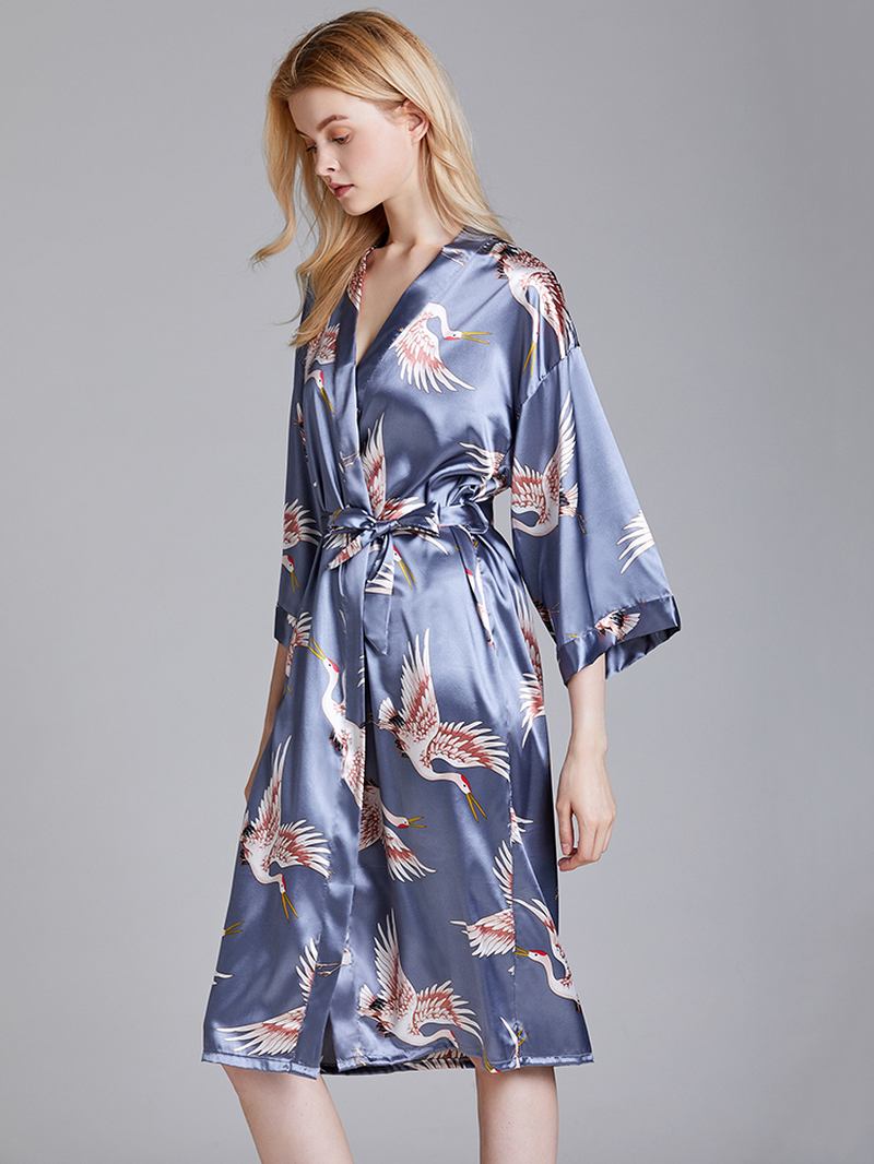 Plus Size Crane Med Tryck Half Sleeve Longline Kimono Robe Sovkläder