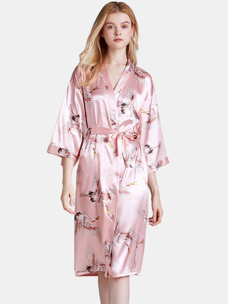 Plus Size Crane Med Tryck Half Sleeve Longline Kimono Robe Sovkläder